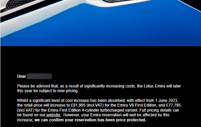 Prices increase update from Lotus - and stopping of reservations for V6 FE