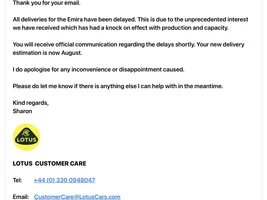 Lotus again delays FE delivery for me.