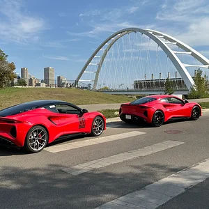 Media 'Emiras at Walterdale Bridge.webp' in category 'Lotus Emira Photos'
